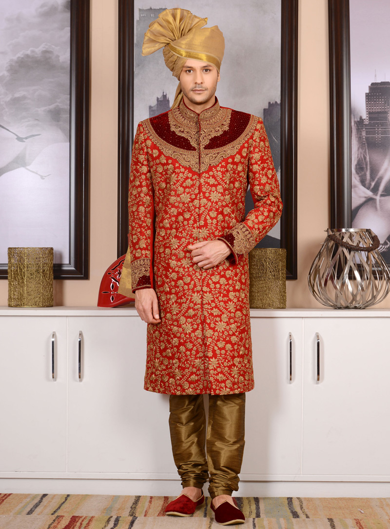 Red Brocade Achkan Style Sherwani 113987