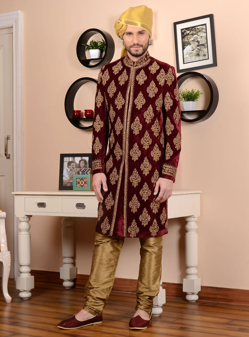 Maroon Velvet Chipkan Style Sherwani 113958