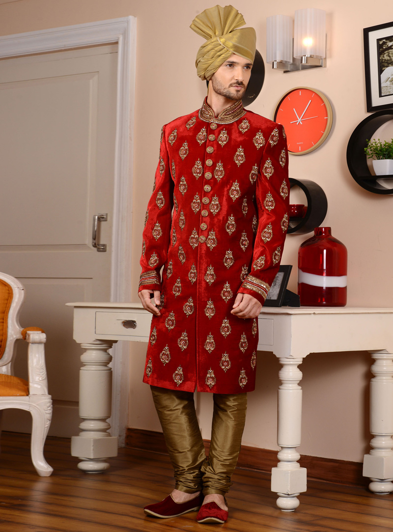 Red Velvet Achkan Style Sherwani 113959