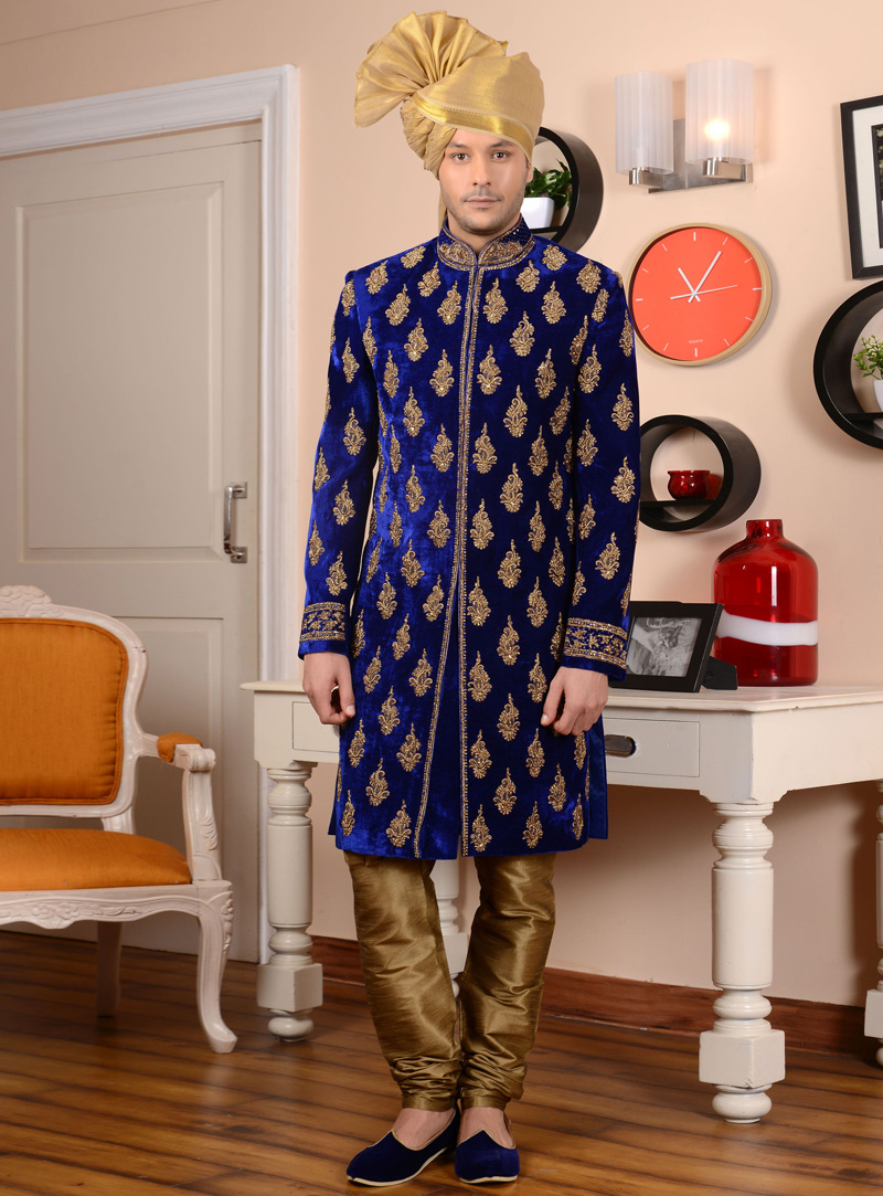 Navy Blue Velvet Chipkan Style Sherwani 113960