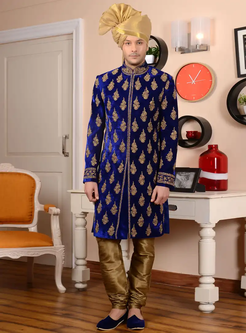 Navy Blue Velvet Chipkan Style Sherwani 113960