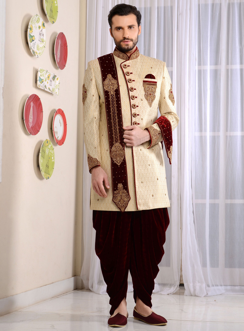 Beige Jacquard Dhoti Style Sherwani 113962