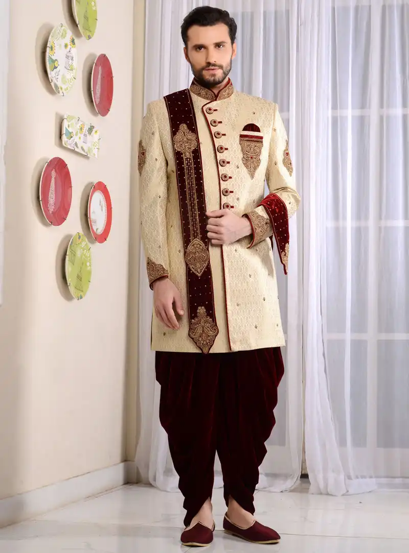 Beige Jacquard Dhoti Style Sherwani 113962