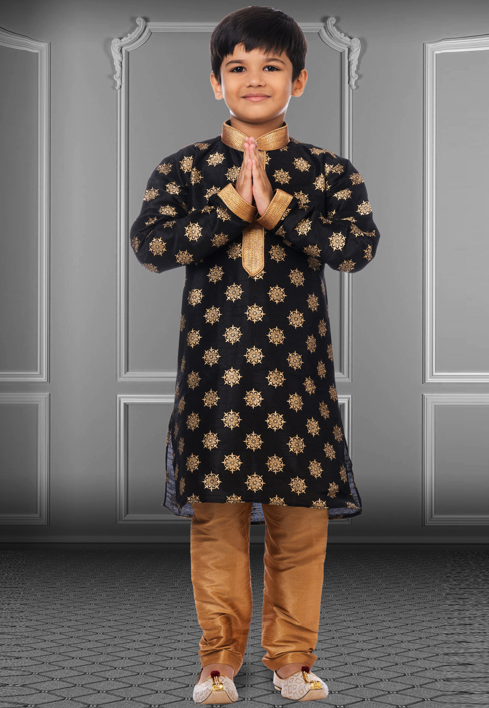 Black Dupion Silk Readymade Kids Kurta Pajama 250389