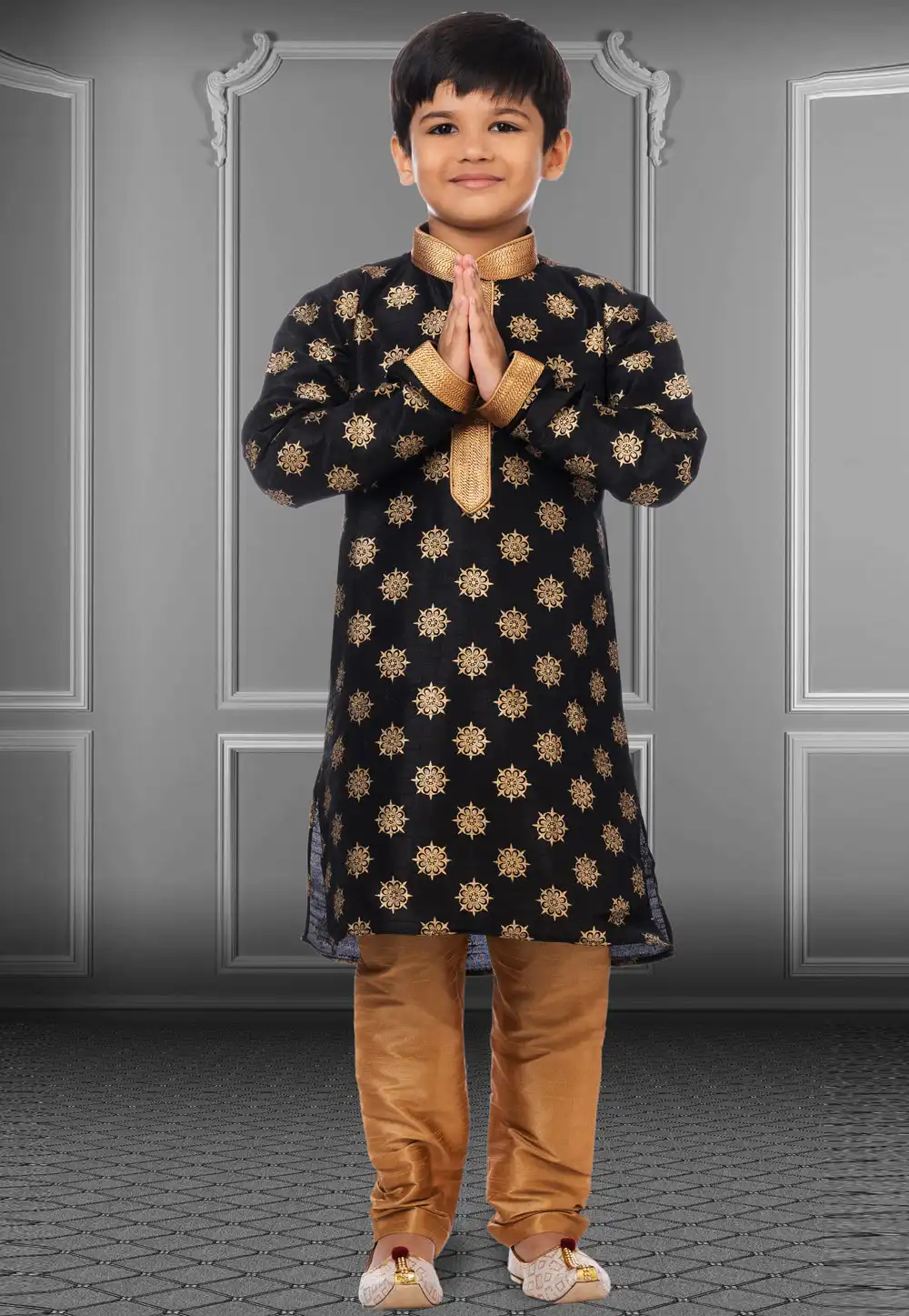 Black Dupion Silk Readymade Kids Kurta Pajama 250389