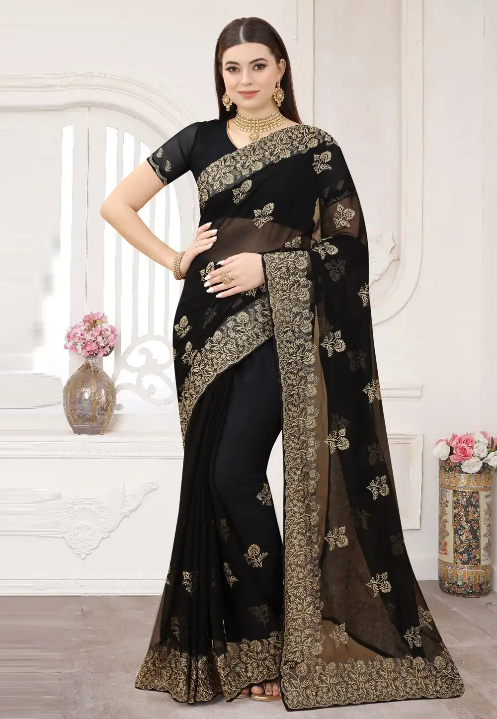 Black Shimmer Saree With Blouse 253943