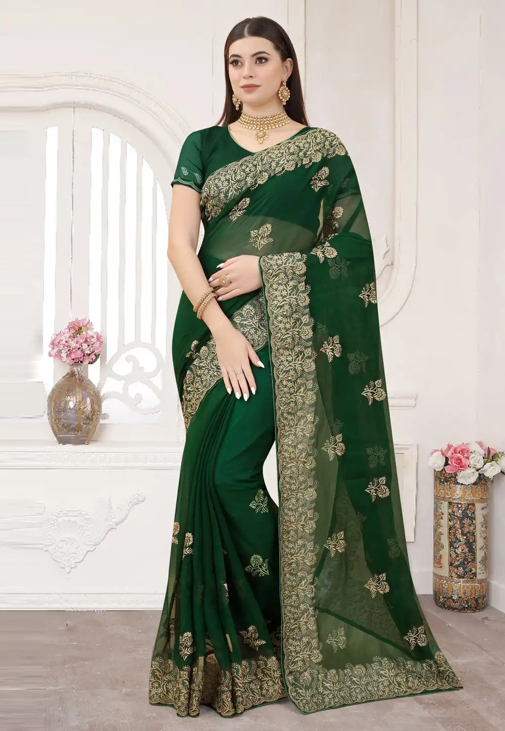 Green Shimmer Saree With Blouse 253948