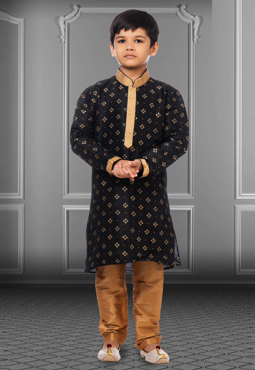 Black Dupion Silk Readymade Kids Kurta Pajama 250390