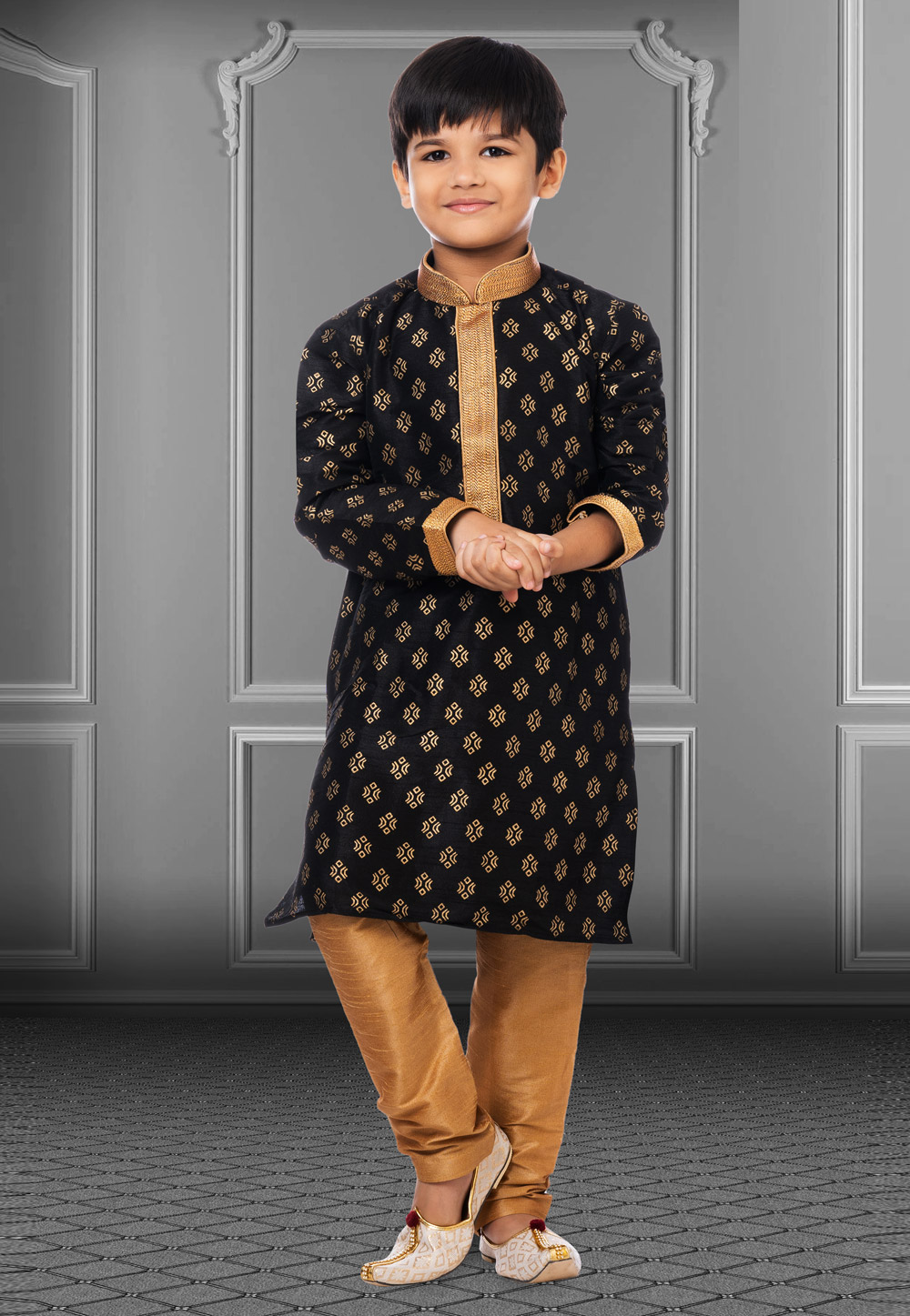 Black Dupion Silk Readymade Kids Kurta Pajama 250391