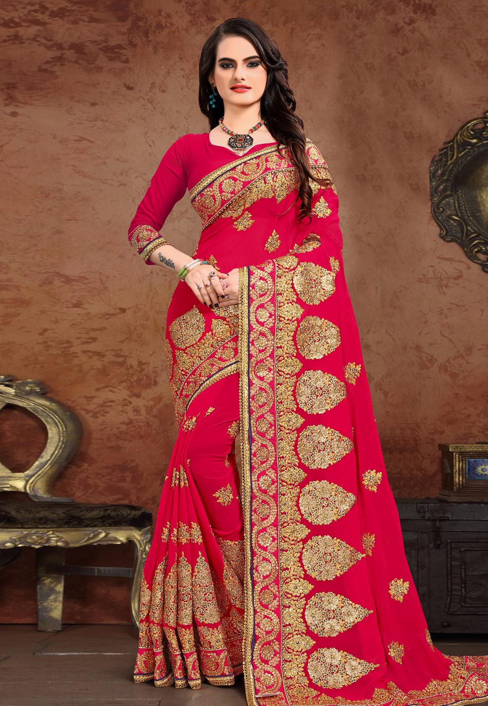 Magenta Georgette Saree With Blouse 208087