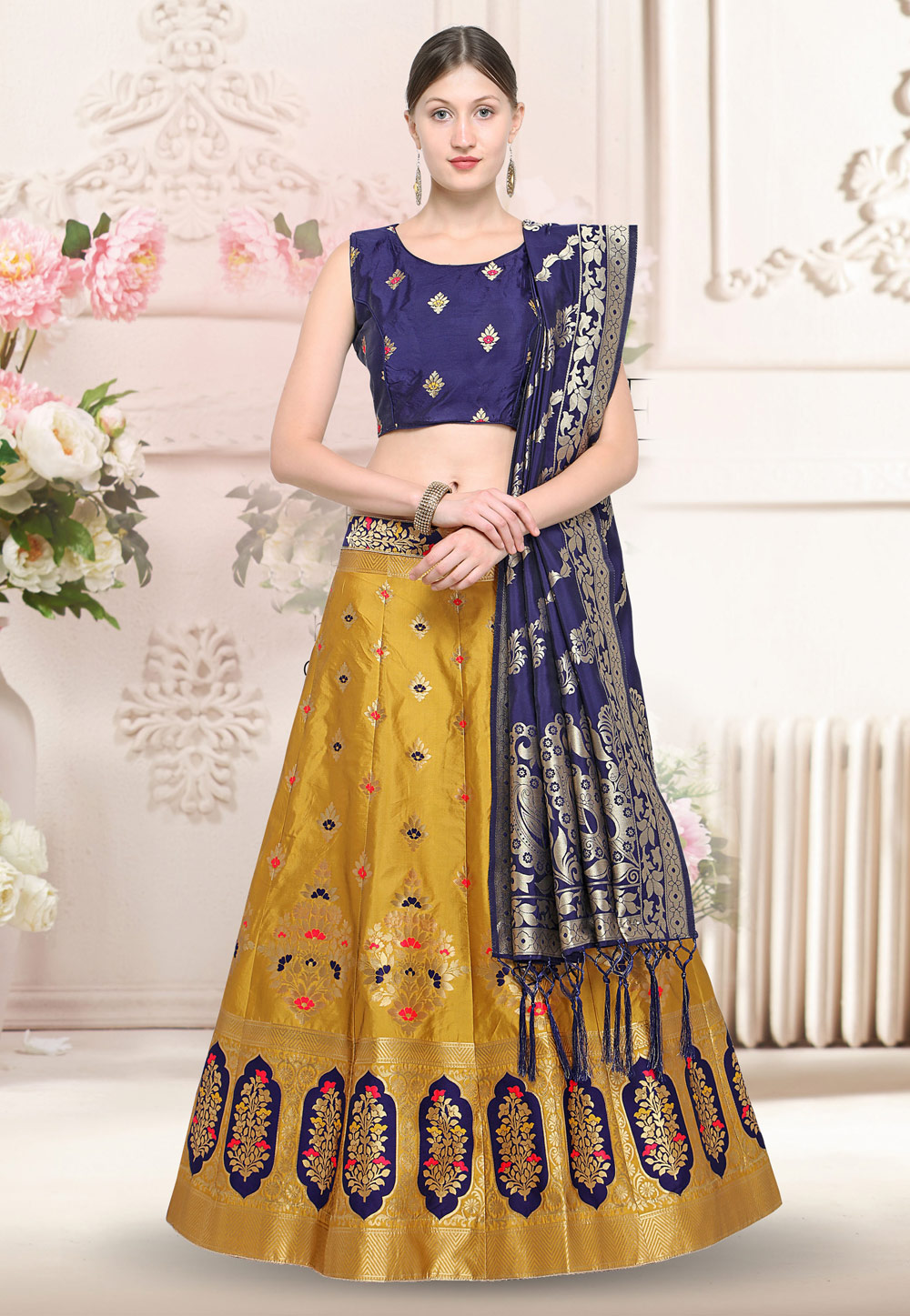Mustard Banarasi Silk A Line Lehenga Choli 176044