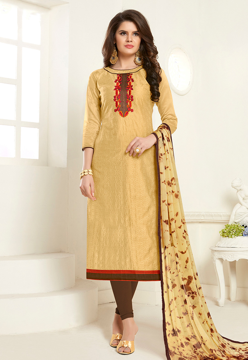 Beige Cotton Churidar Suit 176120