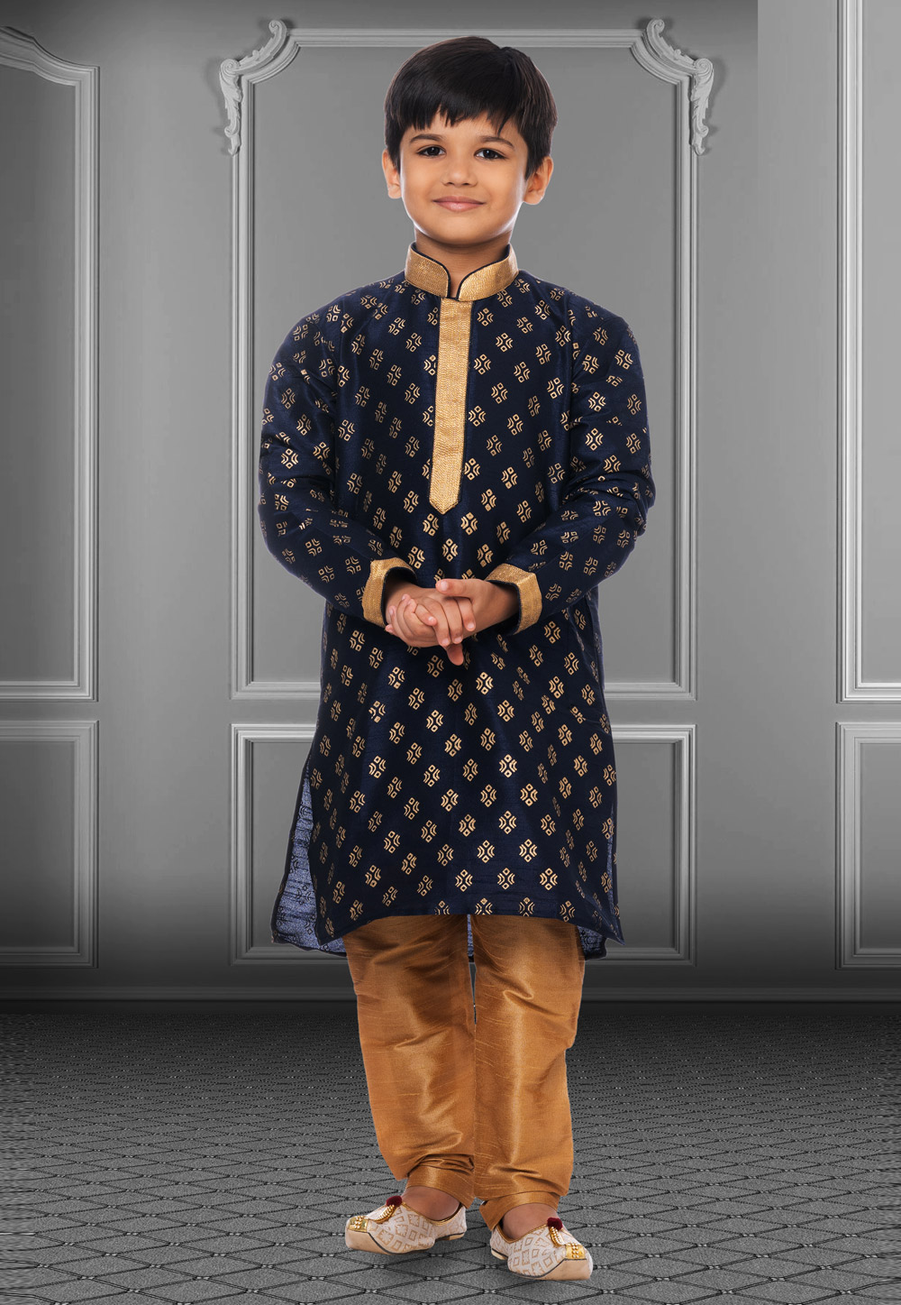 Navy Blue Dupion Silk Readymade Kids Kurta Pajama 250394