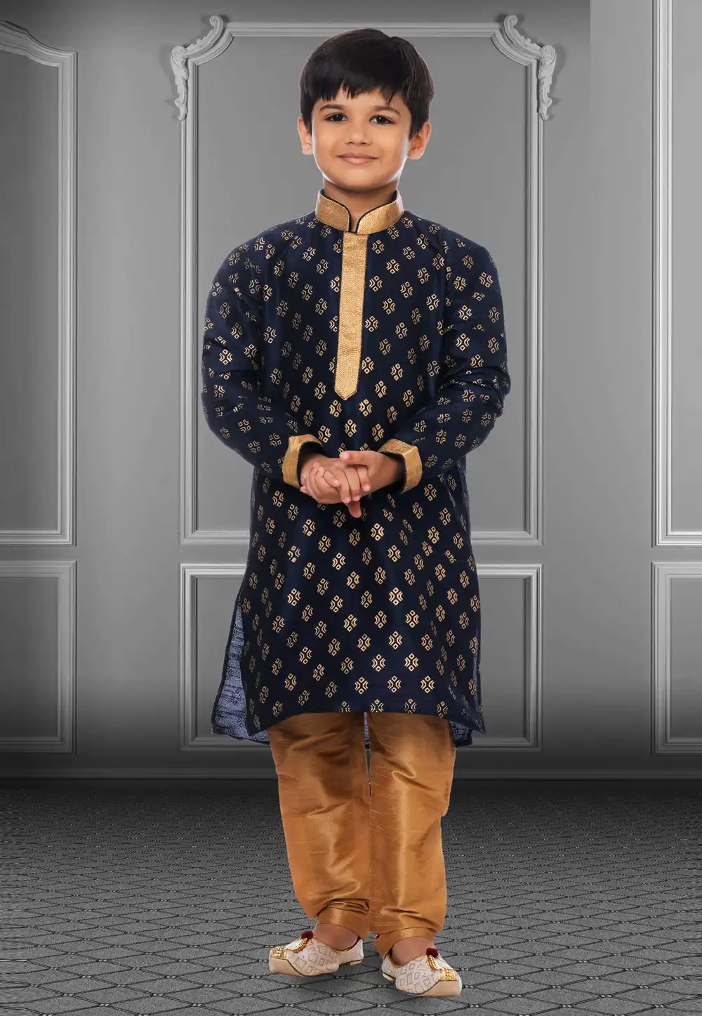Navy Blue Dupion Silk Readymade Kids Kurta Pajama 250394