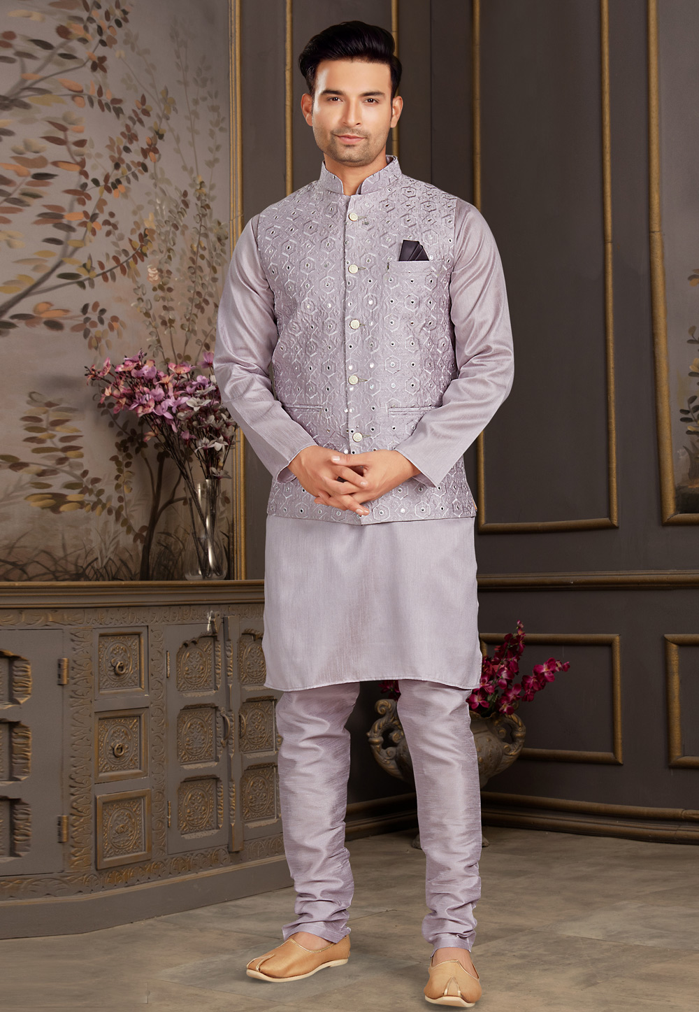 Light Purple Silk Kurta Pajama With Jacket 246541