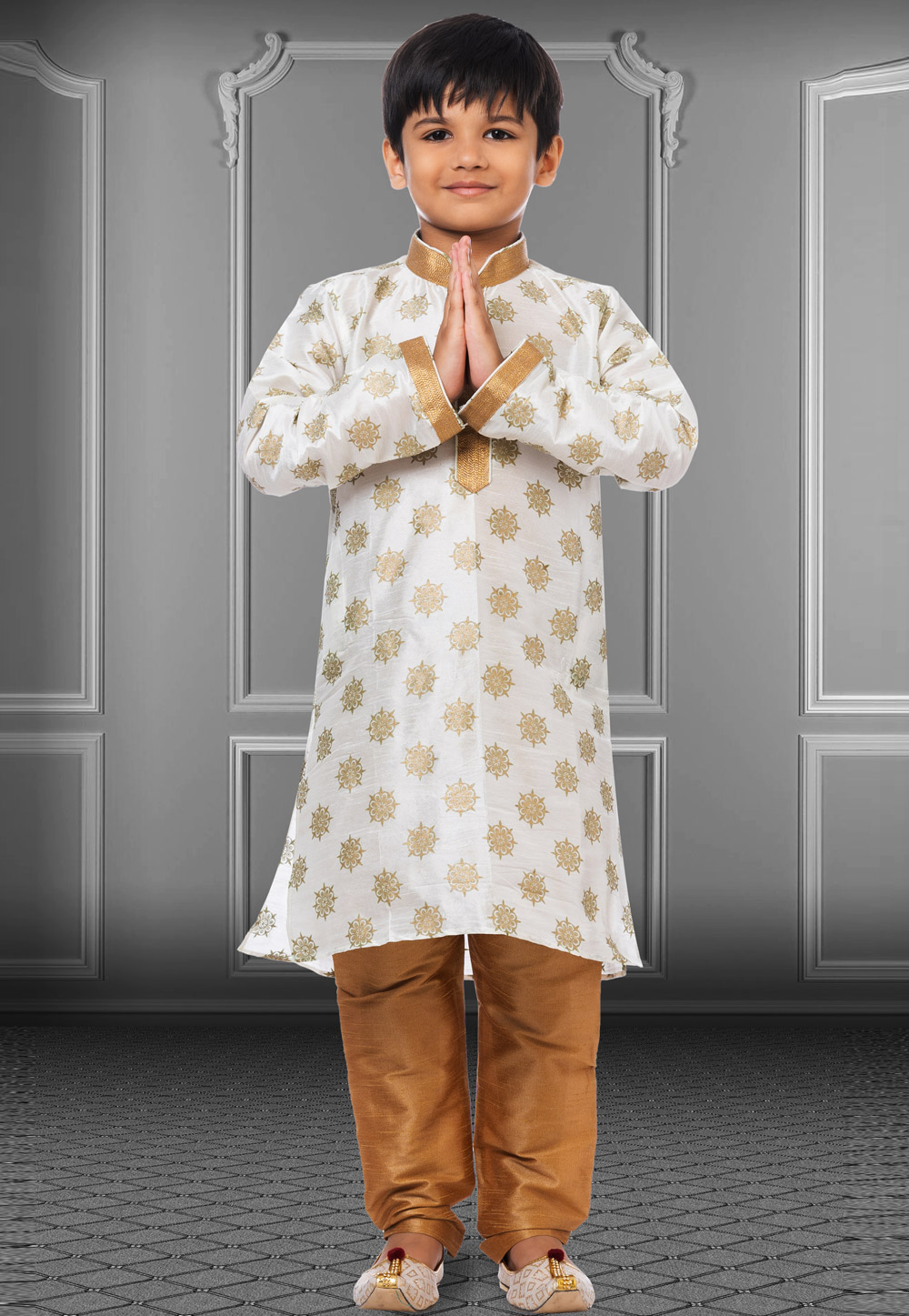 White Dupion Silk Readymade Kids Kurta Pajama 250395
