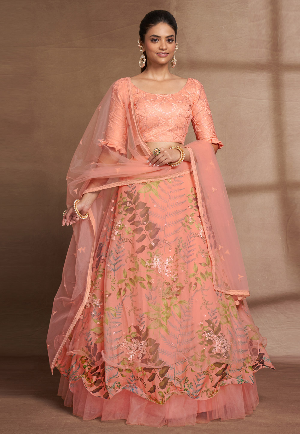 Peach Organza Circular Lehenga Choli 269189