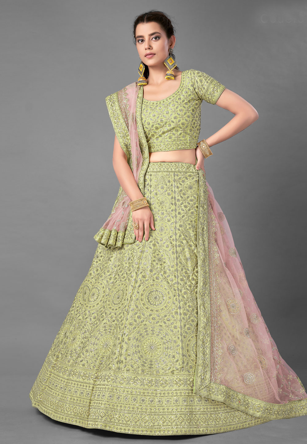 Light Green Art Silk Sequins Work Lehenga Choli 224286