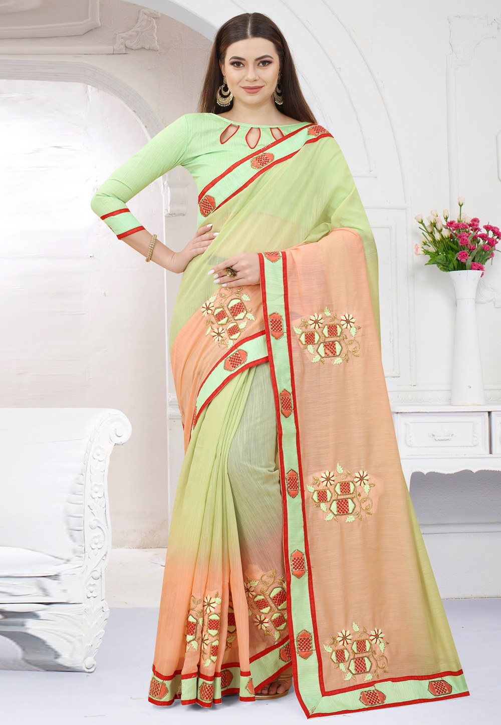 Light Green Art Silk Half N Half Saree 254785