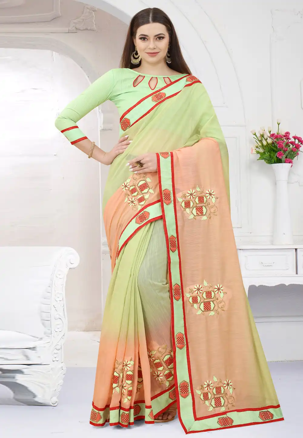 Light Green Art Silk Half N Half Saree 254785