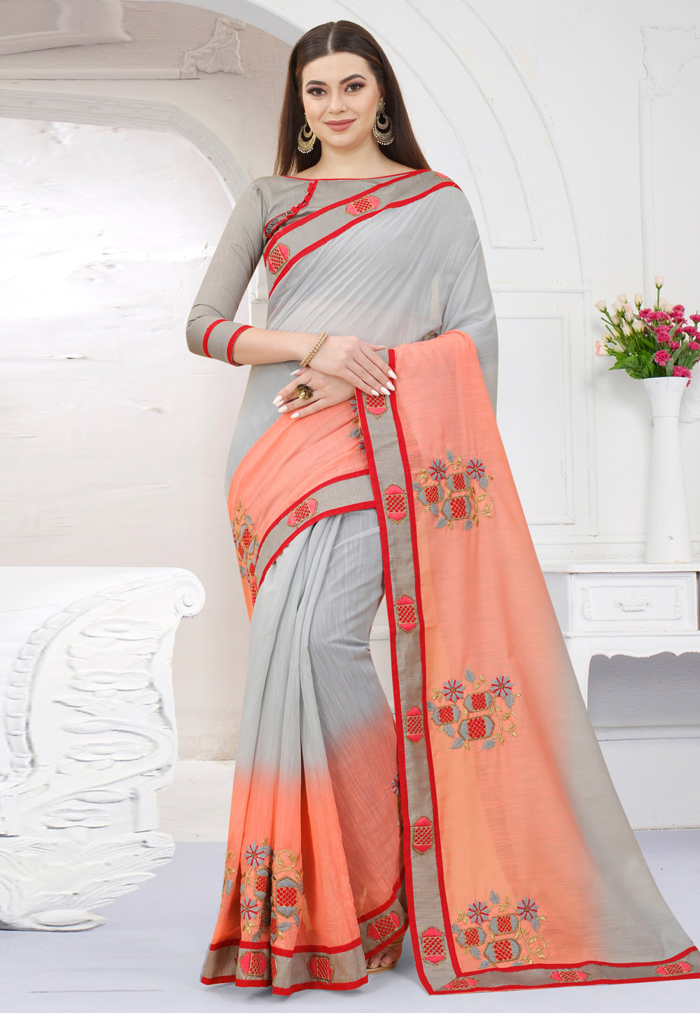 Grey Art Silk Half N Half Saree 254787
