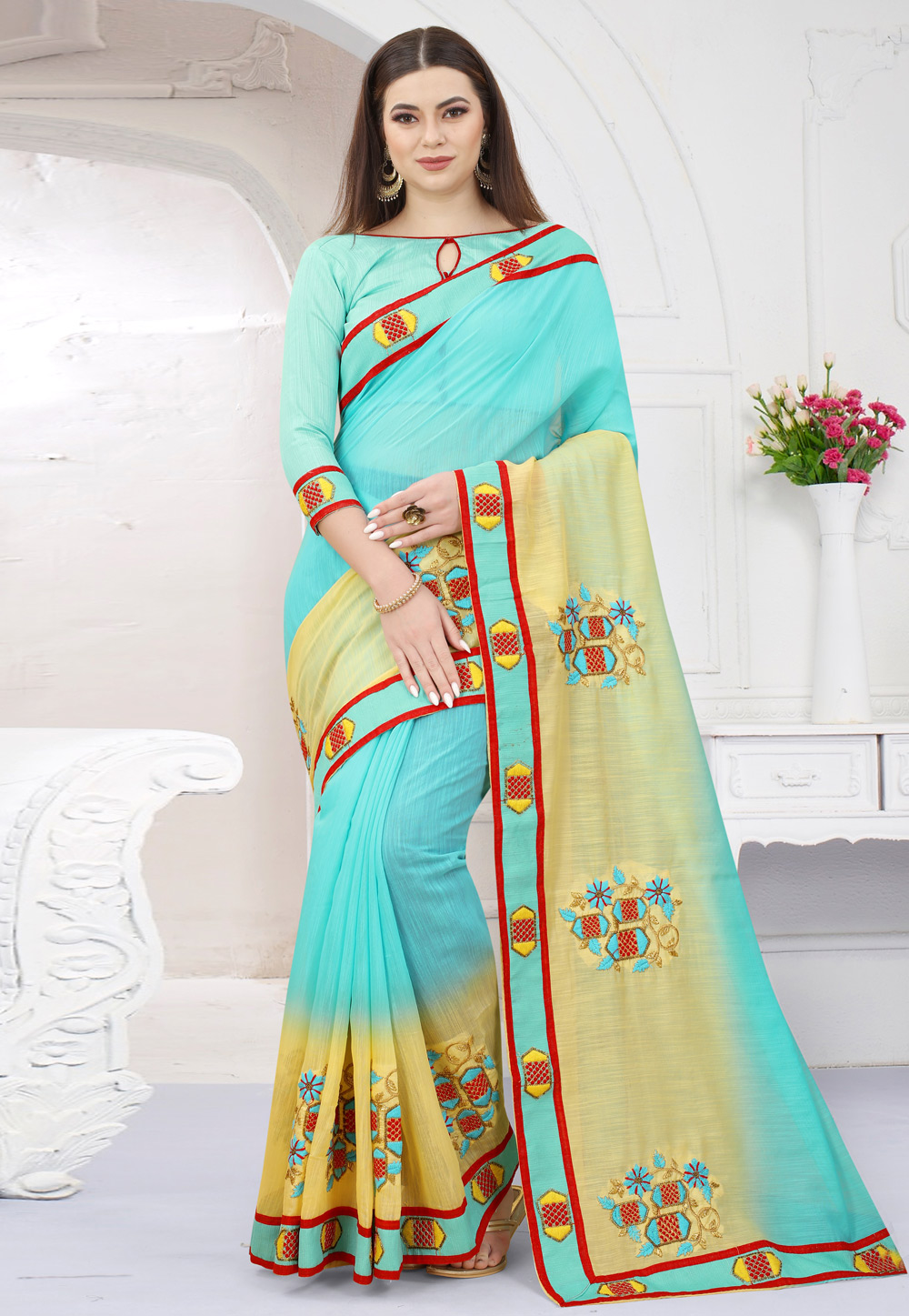 Sky Blue Art Silk Half N Half Saree 254788