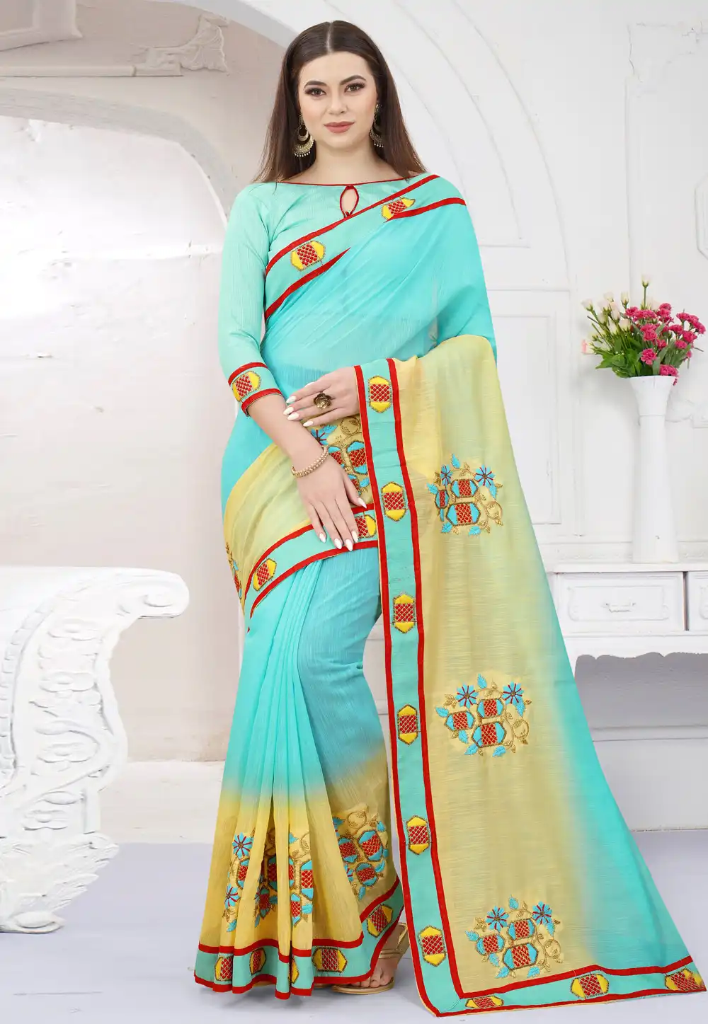 Sky Blue Art Silk Half N Half Saree 254788