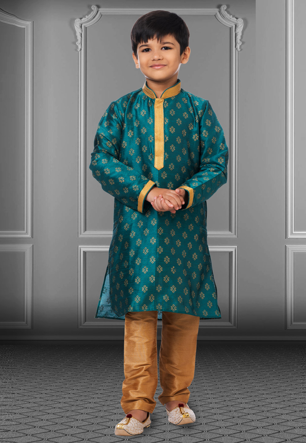 Teal Dupion Silk Readymade Kids Kurta Pajama 250397