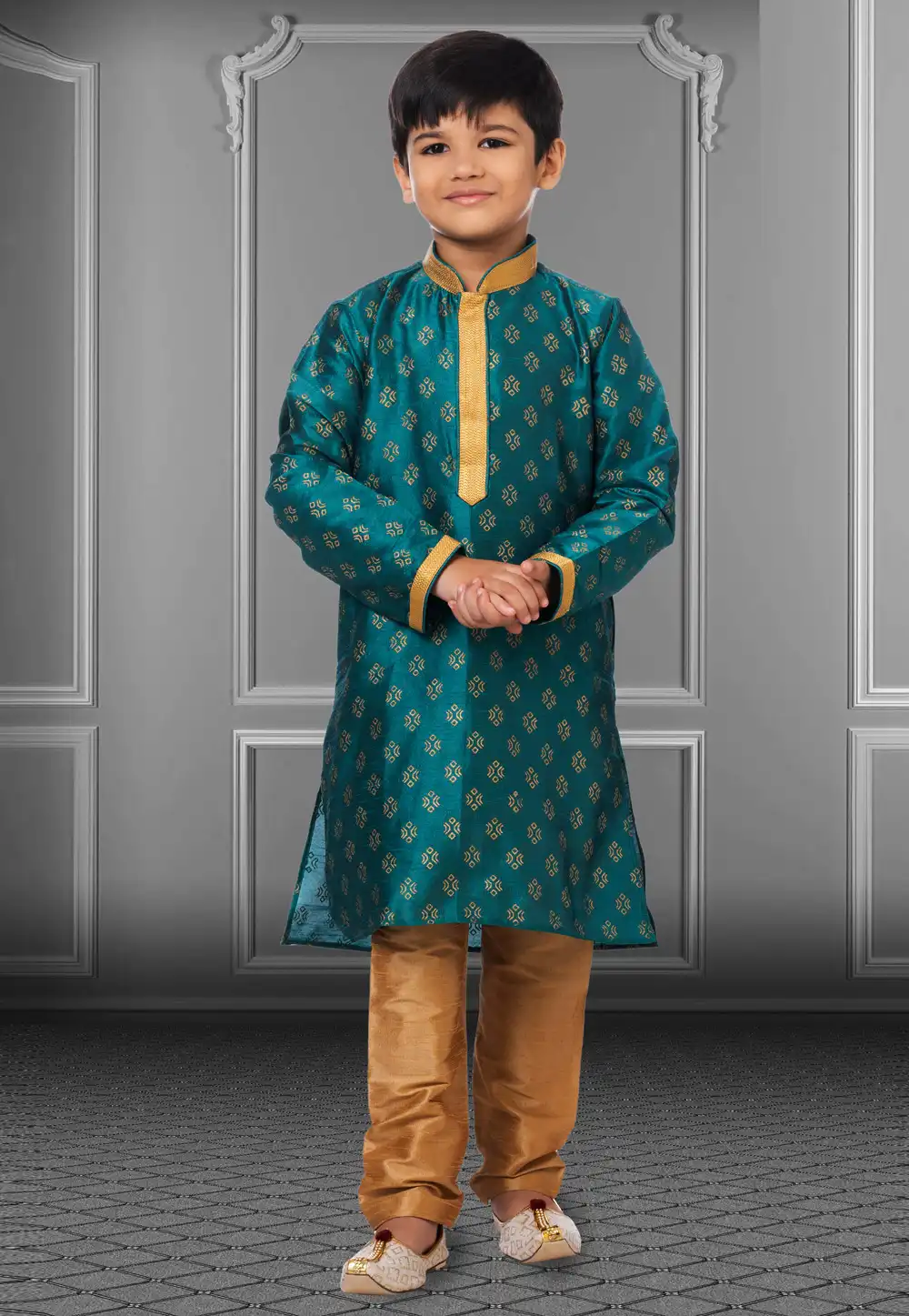 Teal Dupion Silk Readymade Kids Kurta Pajama 250397