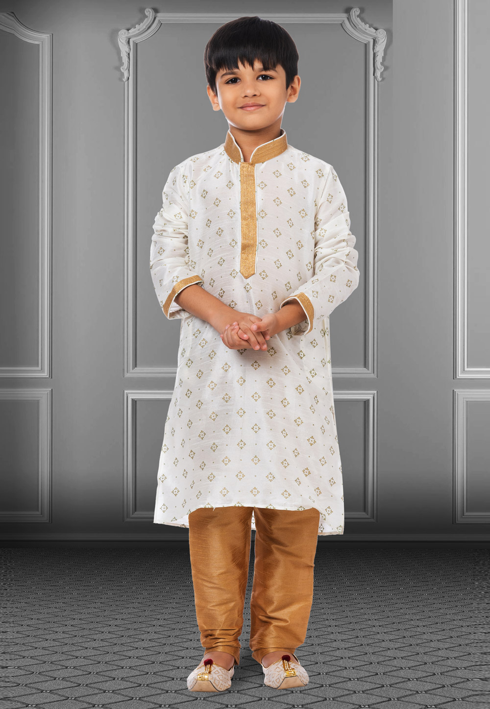 White Dupion Silk Readymade Kids Kurta Pajama 250398