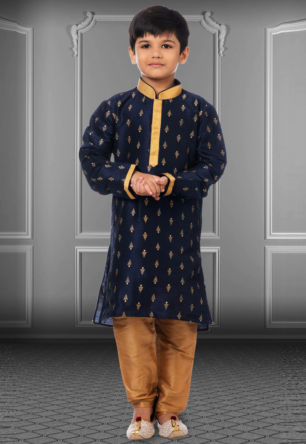 Navy Blue Dupion Silk Readymade Kids Kurta Pajama 250399