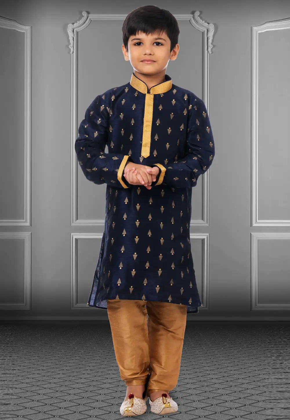 Navy Blue Dupion Silk Readymade Kids Kurta Pajama 250399