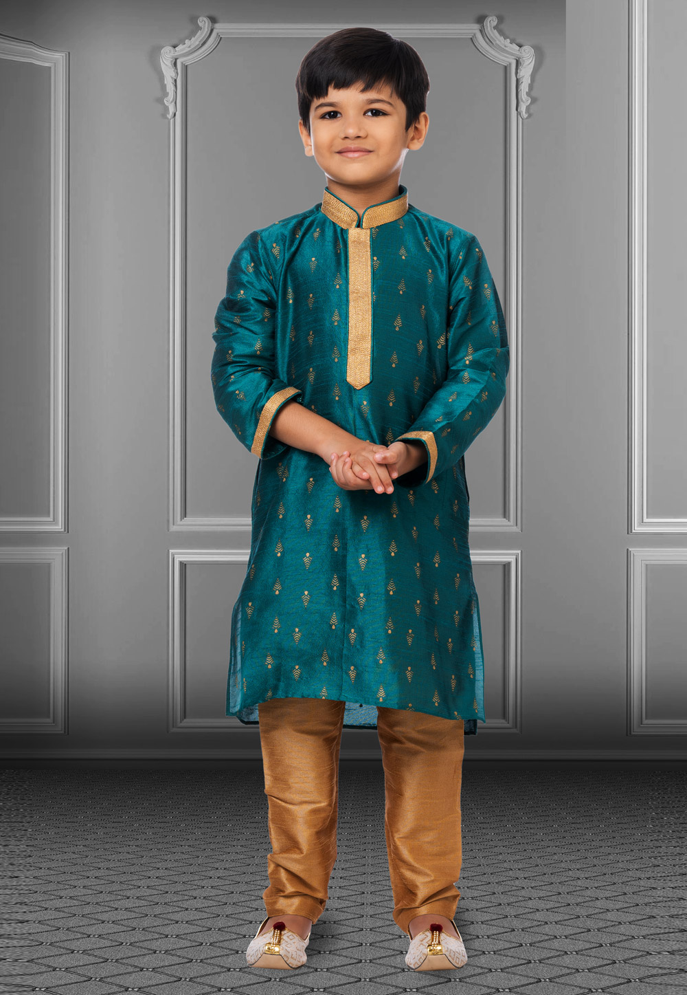 Teal Dupion Silk Readymade Kids Kurta Pajama 250400