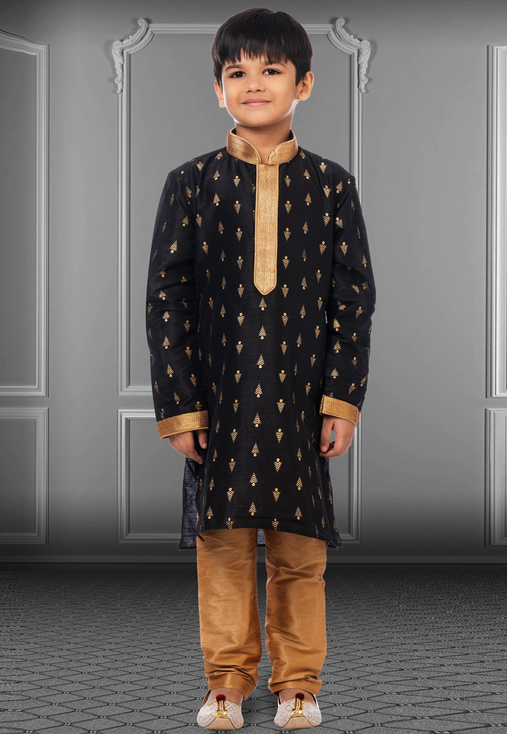 Black Dupion Silk Readymade Kids Kurta Pajama 250401