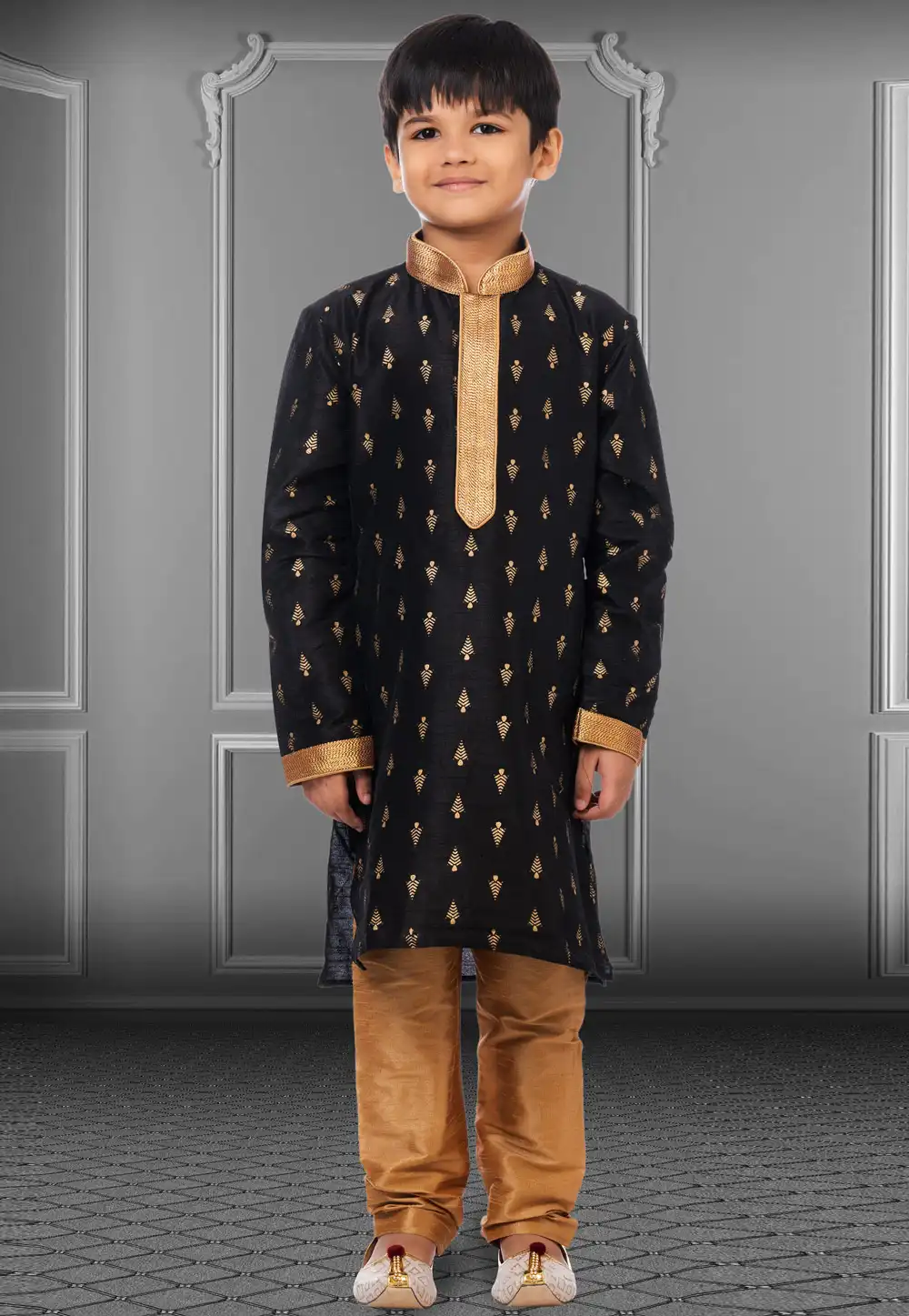 Black Dupion Silk Readymade Kids Kurta Pajama 250401