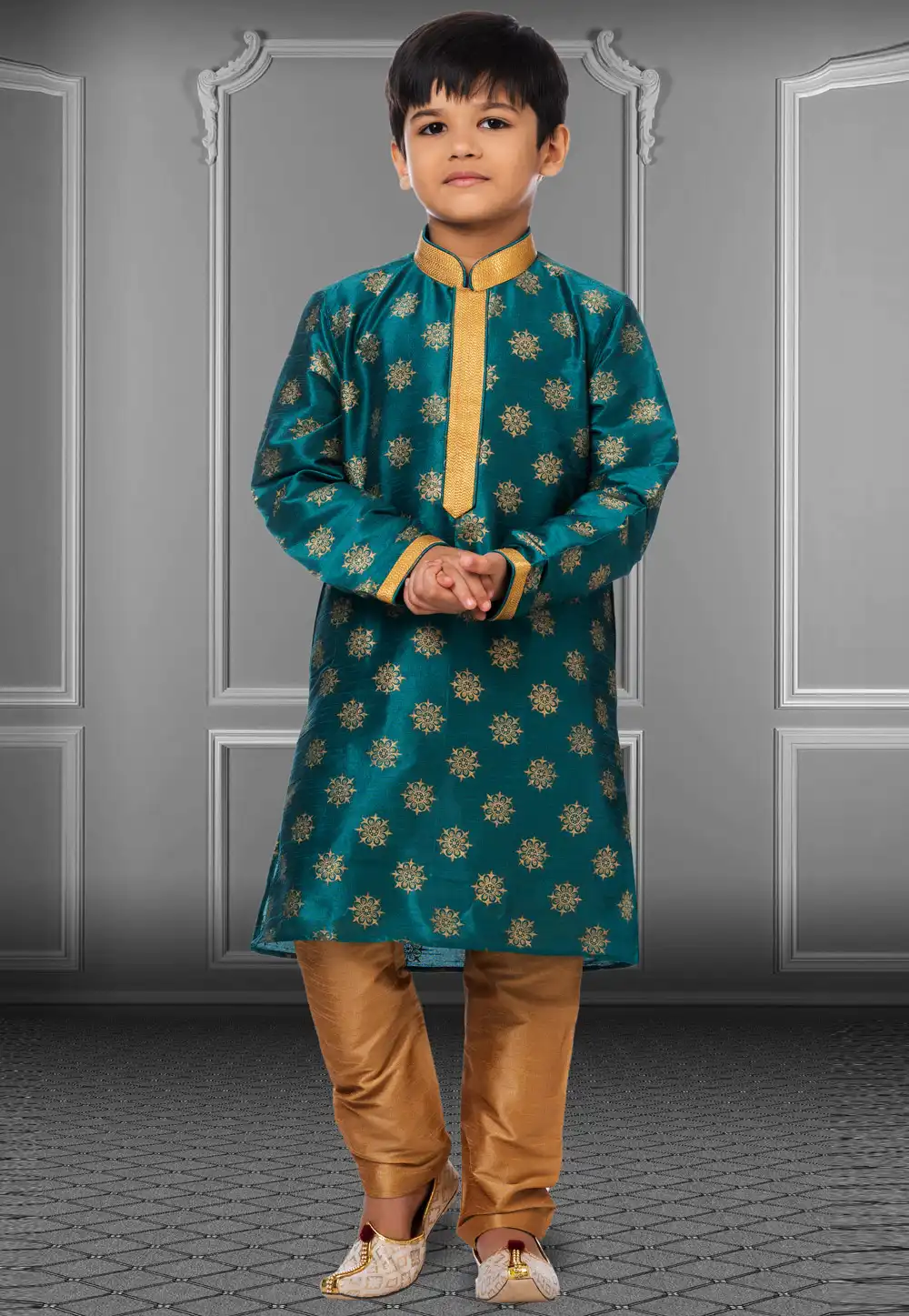 Teal Dupion Silk Readymade Kids Kurta Pajama 250402
