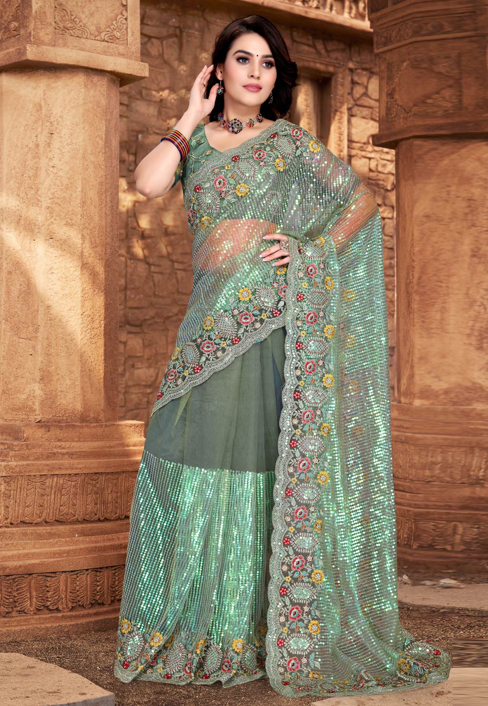 Light Green Net Saree With Blouse 256134