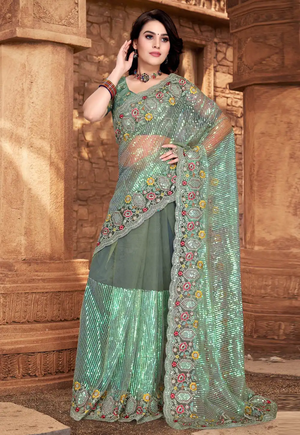 Light Green Net Saree With Blouse 256134