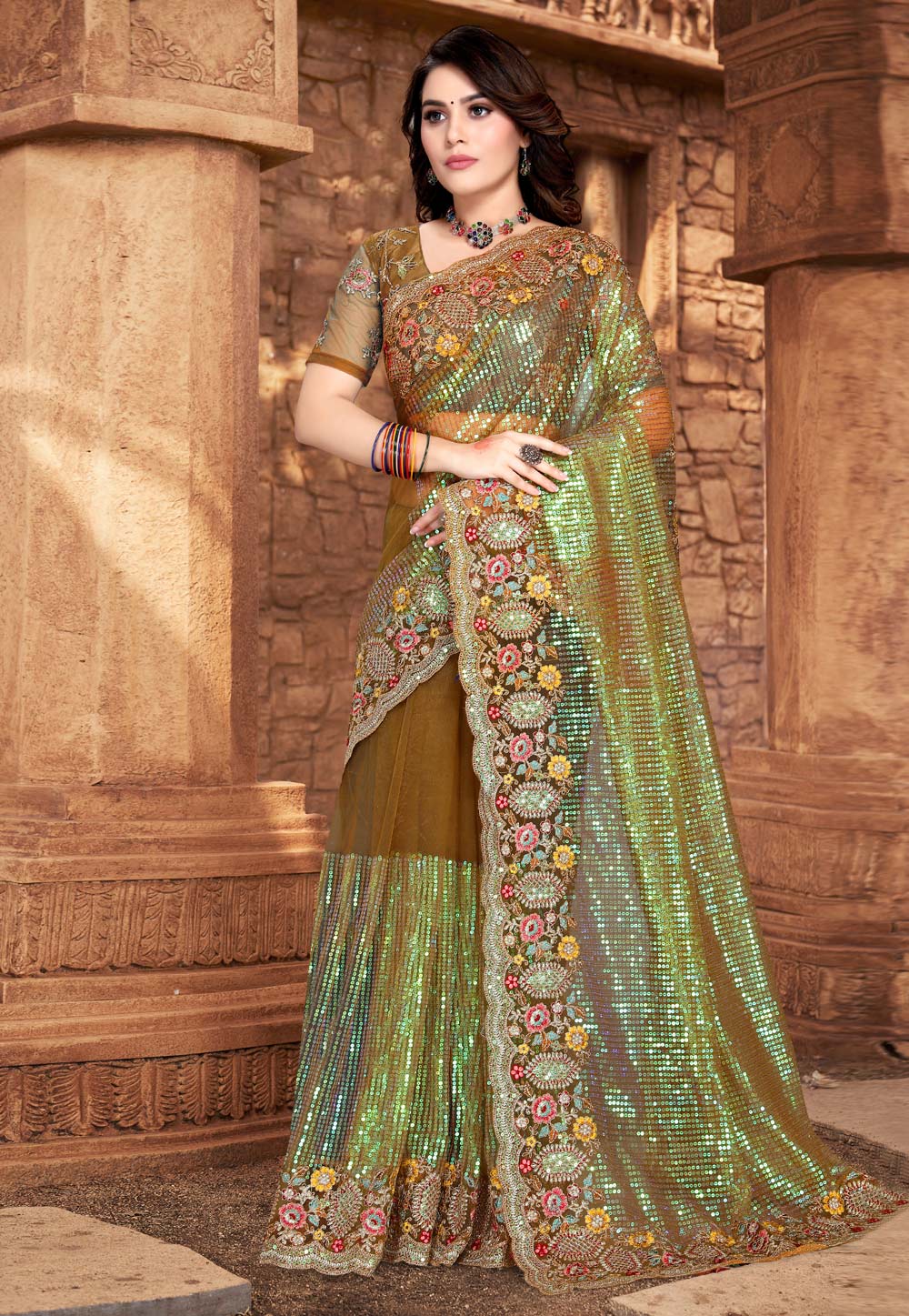 Light Green Net Saree With Blouse 256138
