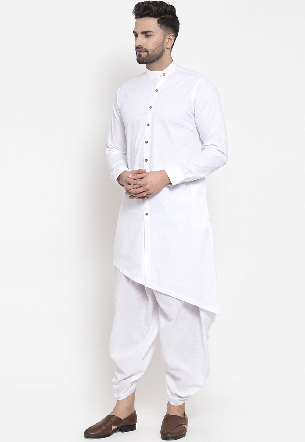 White Cotton Readymade Dhoti Kurta 196293