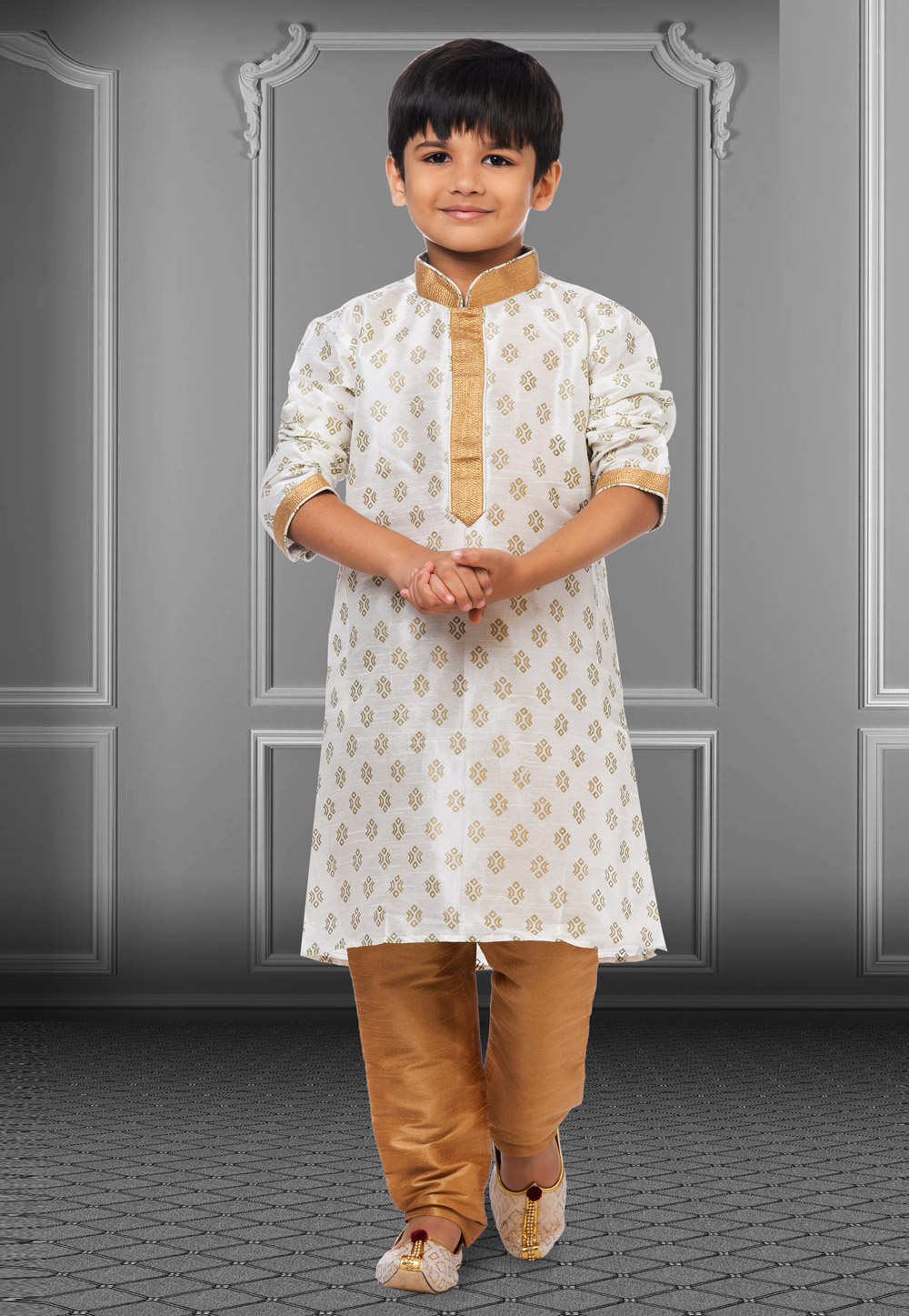 White Dupion Silk Readymade Kids Kurta Pajama 250403