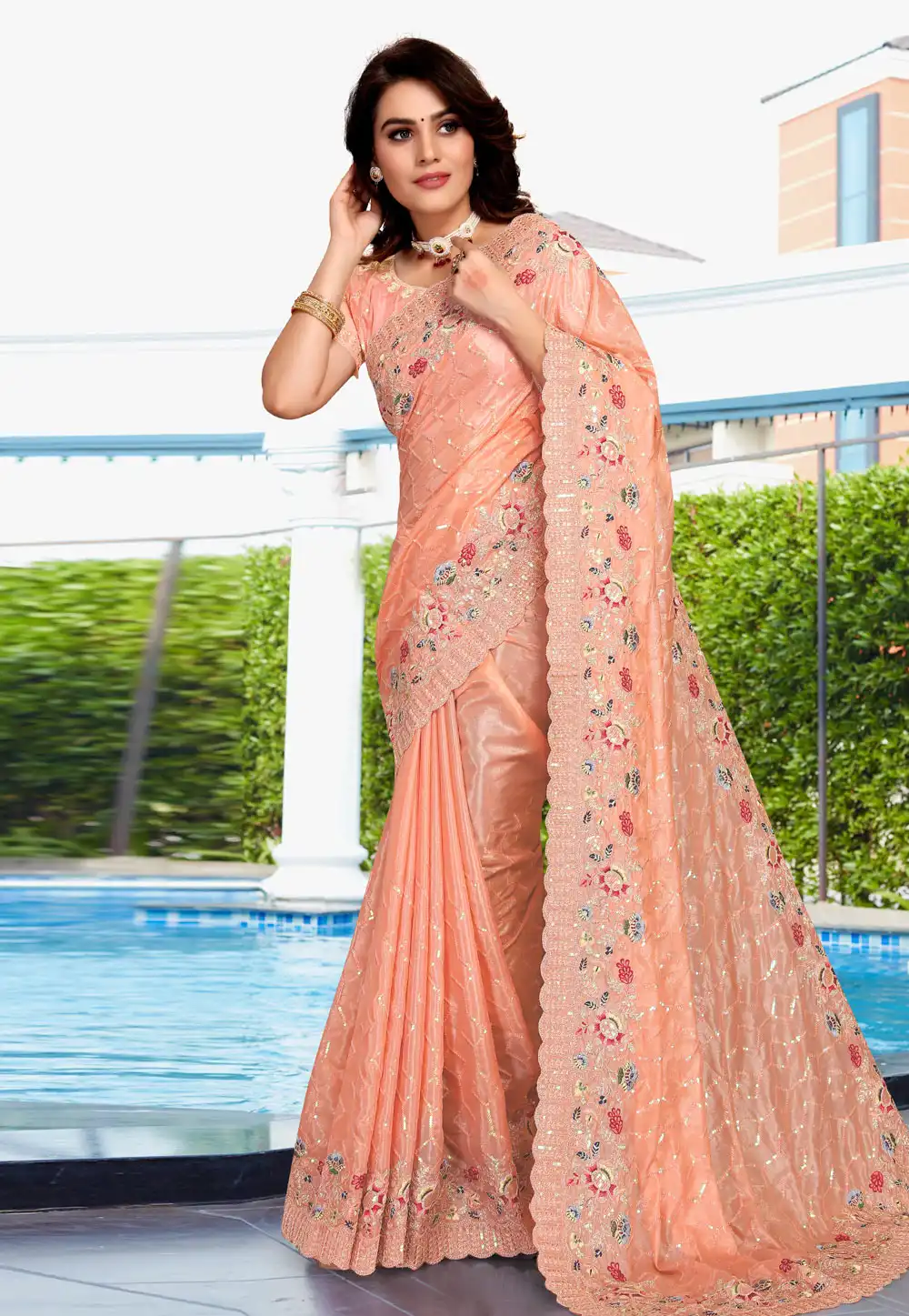 Peach Crepe Silk Saree With Blouse 256907