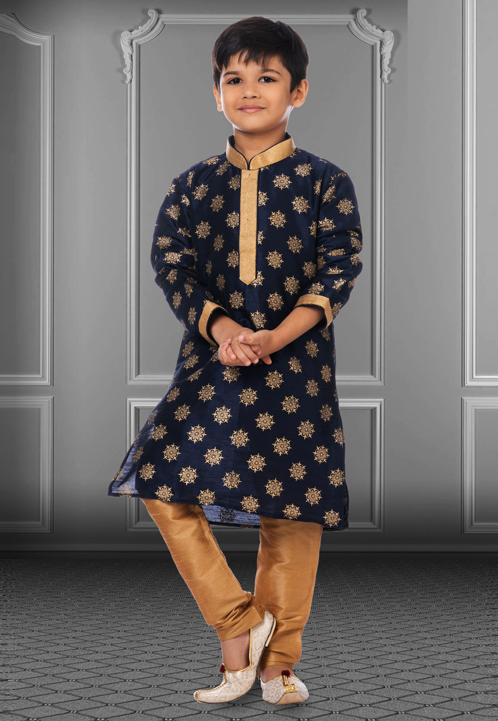 Navy Blue Dupion Silk Readymade Kids Kurta Pajama 250404