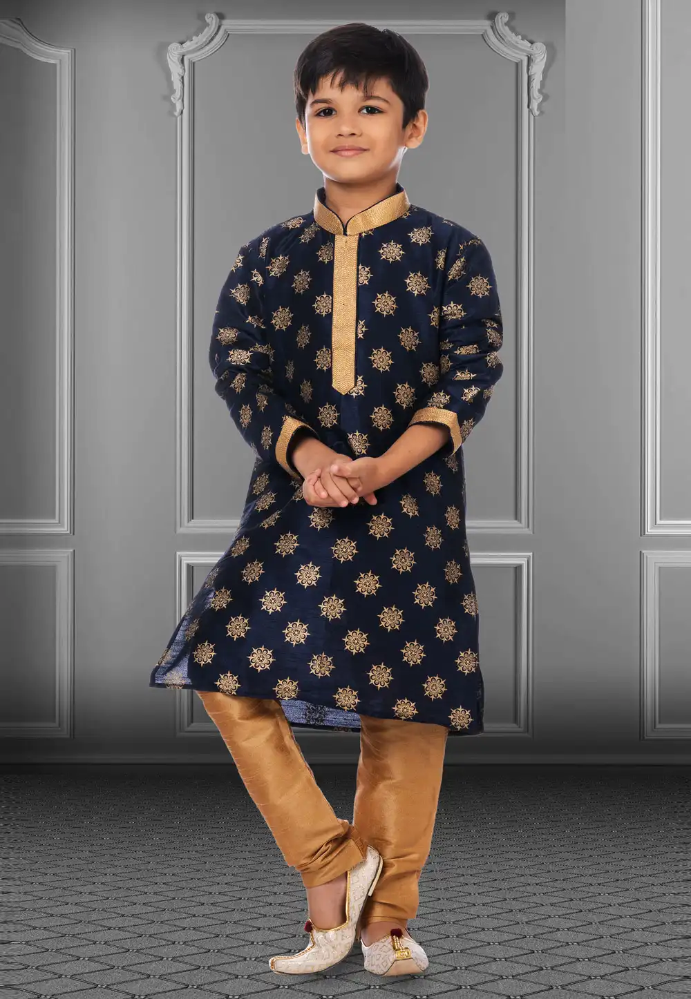Navy Blue Dupion Silk Readymade Kids Kurta Pajama 250404
