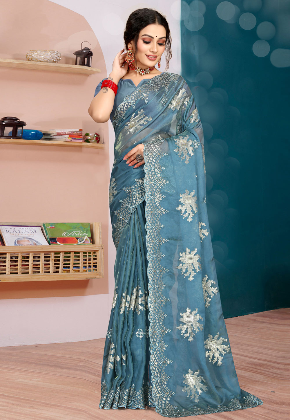 Sky Blue Organza Saree With Blouse 257509