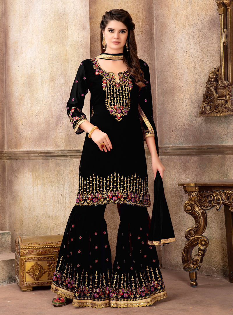 Black Faux Georgette Sharara Suit 143539