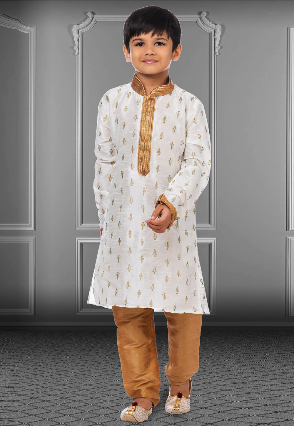 White Dupion Silk Readymade Kids Kurta Pajama 250405