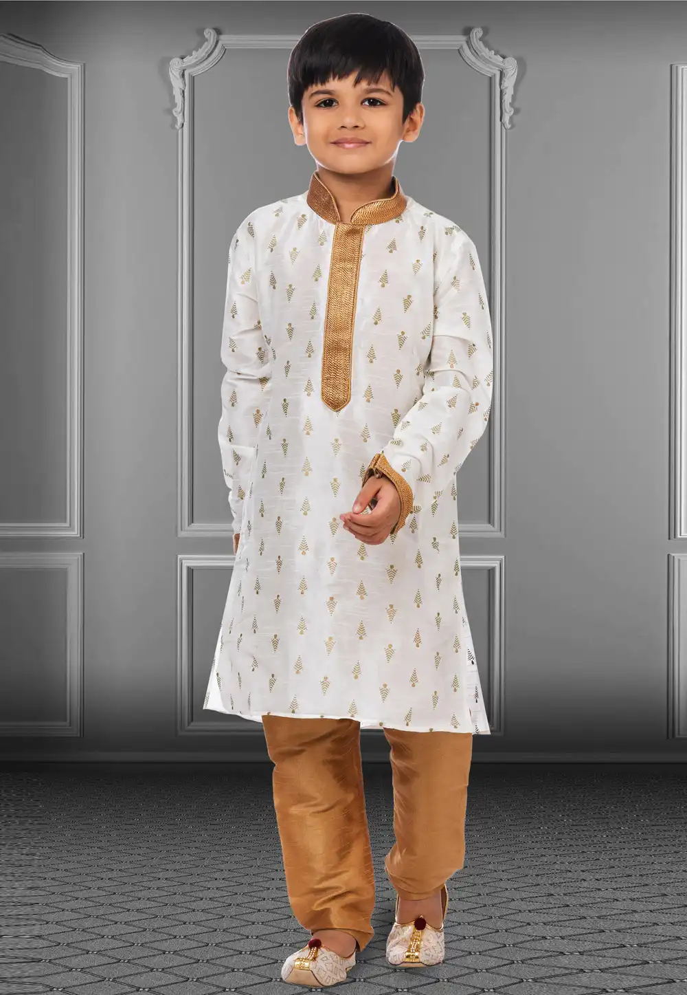 White Dupion Silk Readymade Kids Kurta Pajama 250405