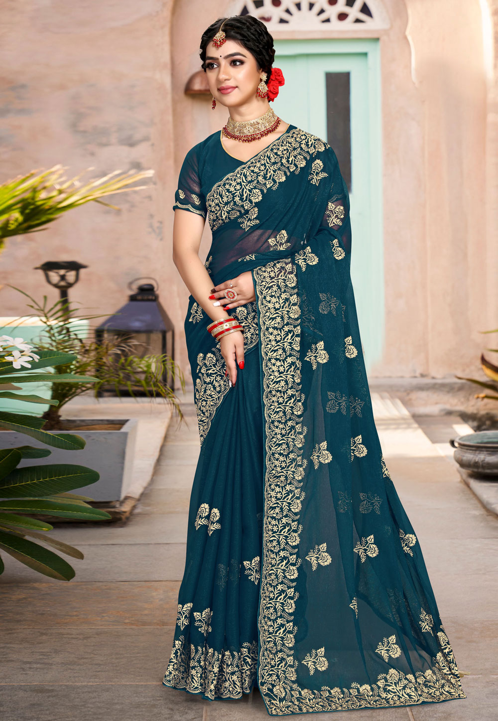 Teal Silk Saree With Blouse 258384