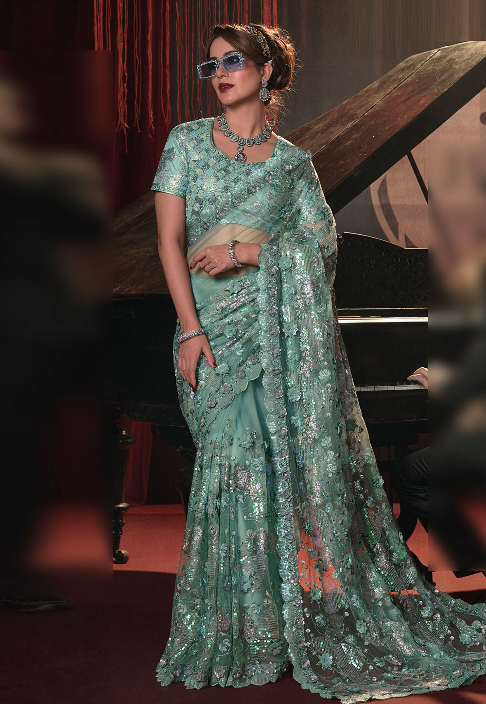 Sea Green Net Sequence Saree 275098